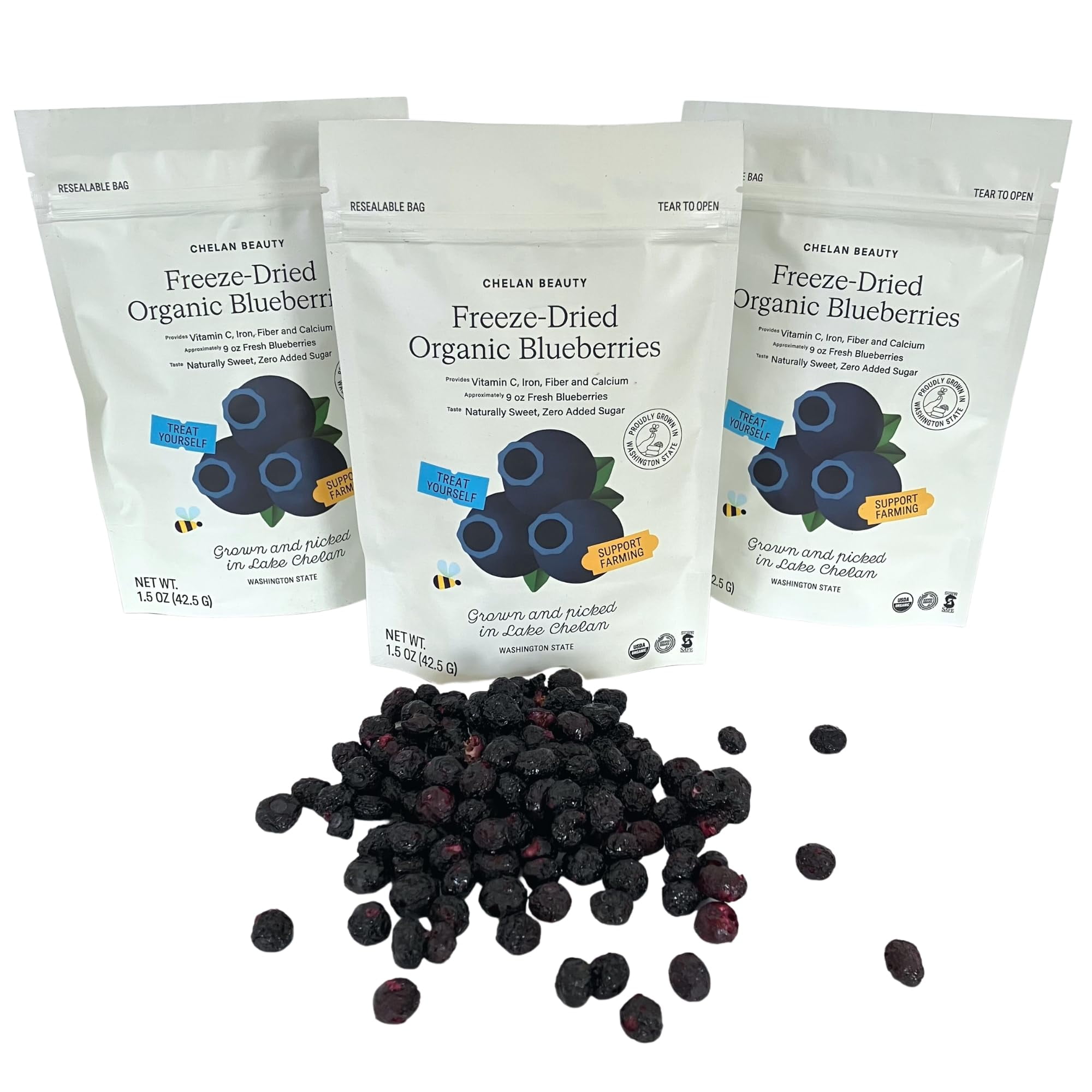 Chelan Ranch Organics Premium Freeze-Dried Organic Blueberries, Non-GMO & Vegan, 1.5 Ounce Bag (3-Pack)
