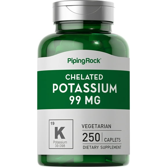 Chelated Potassium (Gluconate) 99 mg | 250 Caplets | Non-GMO, Gluten Free | By Piping Rock