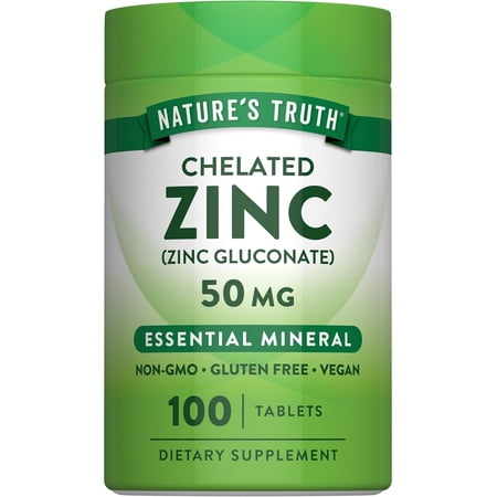 Chelated Zinc 50mg | 100 Tablets | Essential Mineral Supplement | from Zinc Gluconate | by Nature's Truth