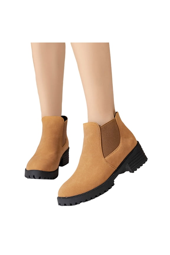 Chelsea Ankle Boots for Women Platform Lug Sole Chunky Heel Round Toe Slip on Stretch Fall Short Booties