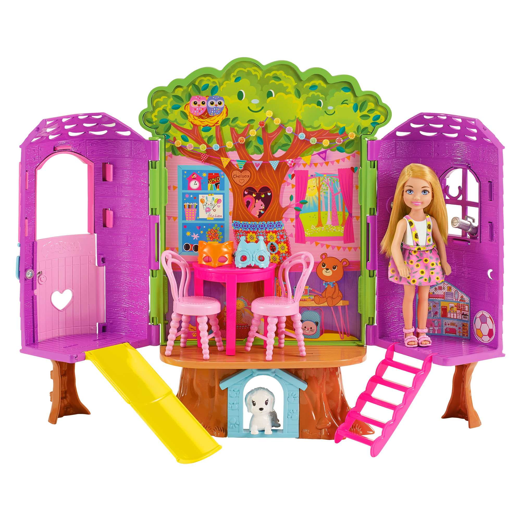 Chelsea Barbie Doll and Treehouse Playset with Pet Puppy Furniture Slide and Accessories