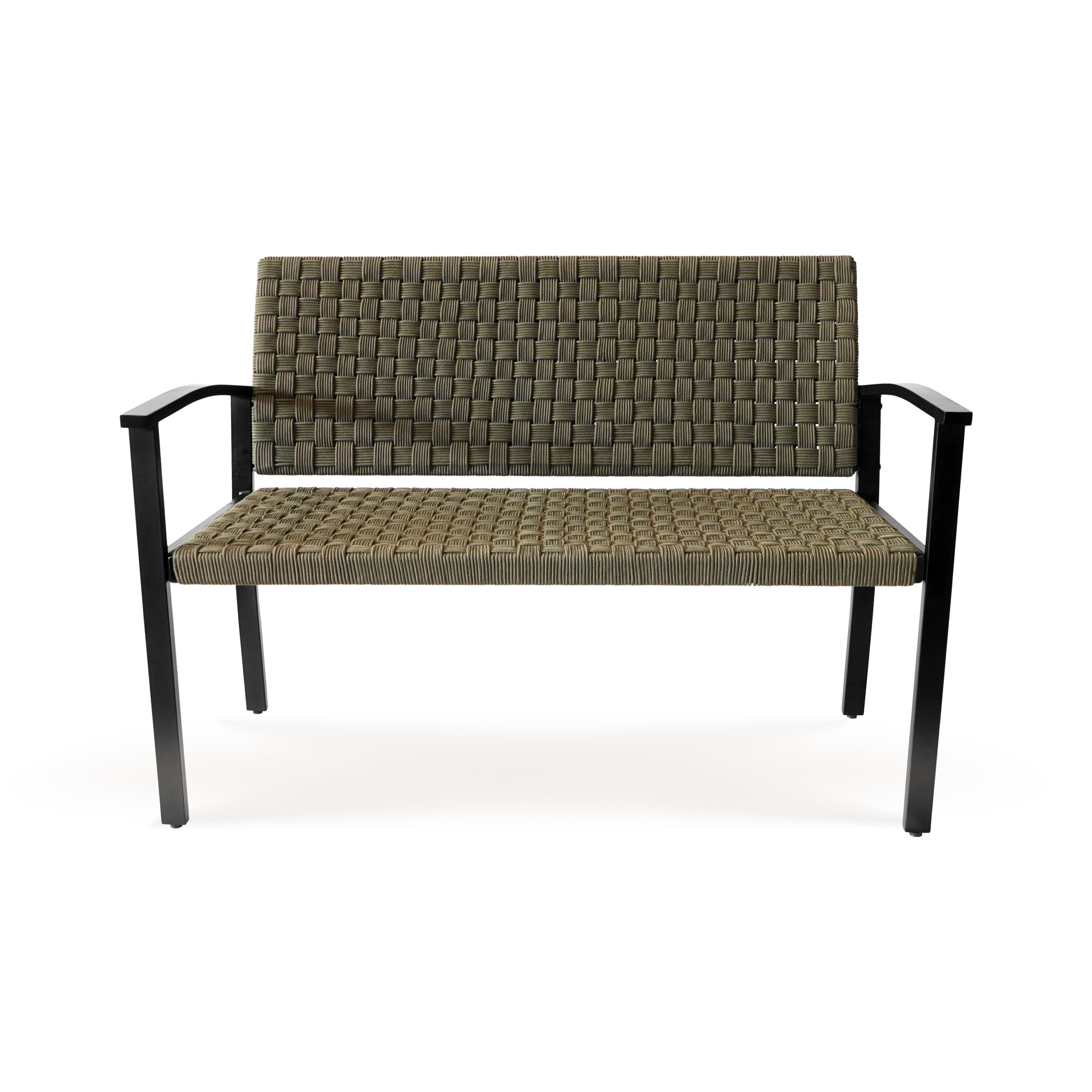 Chelsea Olive Green Metal and Rope Outdoor Bench with Armrest