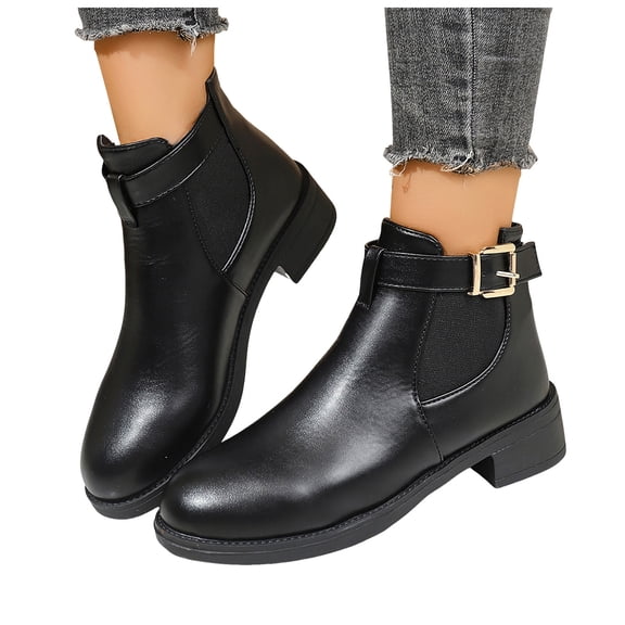 Chelsea Boots Women Stretch Slip on Round Toe Low Heel Ankle Booties Buckle Ankle Strap Fall Winter Casual Dress Boots