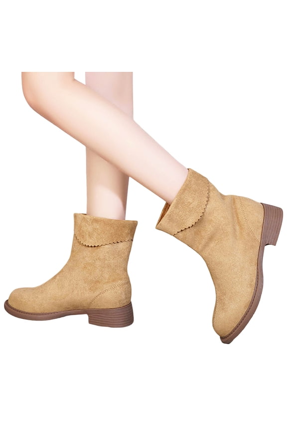 Chelsea Boots Women Suede Fold Over Chunky Heel Casual Winter Warm Ankle Booties Round Toe Slip on Short Boots