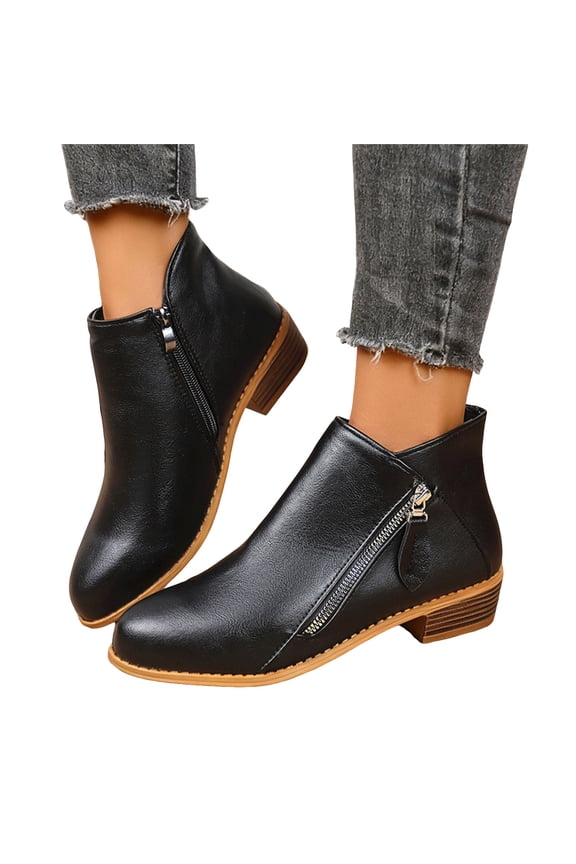 Chelsea Boots Women Trendy Double Side Zipper Stacked Low Heel Pointed Toe PU Leather Fall Ankle Booties