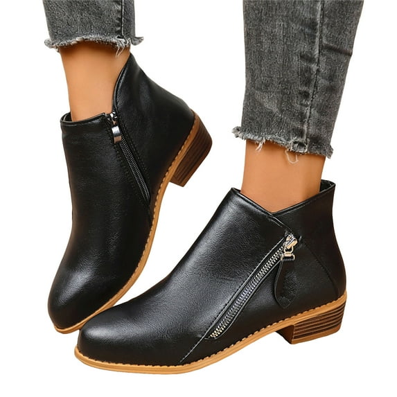 Chelsea Boots Women Trendy Double Side Zipper Stacked Low Heel Pointed Toe PU Leather Fall Ankle Booties