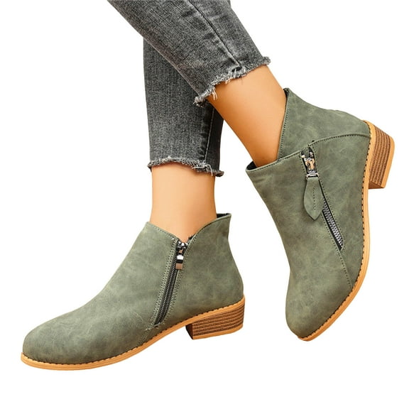 Chelsea Boots Women Trendy Double Side Zipper Stacked Low Heel Pointed Toe PU Leather Fall Ankle Booties