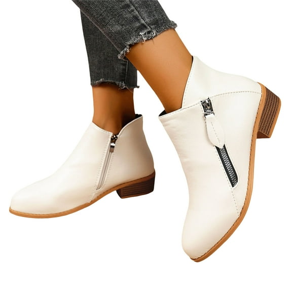 Chelsea Boots Women Trendy Double Side Zipper Stacked Low Heel Pointed Toe PU Leather Fall Ankle Booties