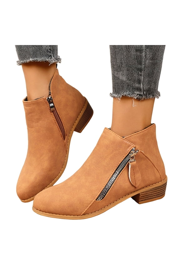 Chelsea Boots Women Trendy Double Side Zipper Stacked Low Heel Pointed Toe PU Leather Fall Ankle Booties