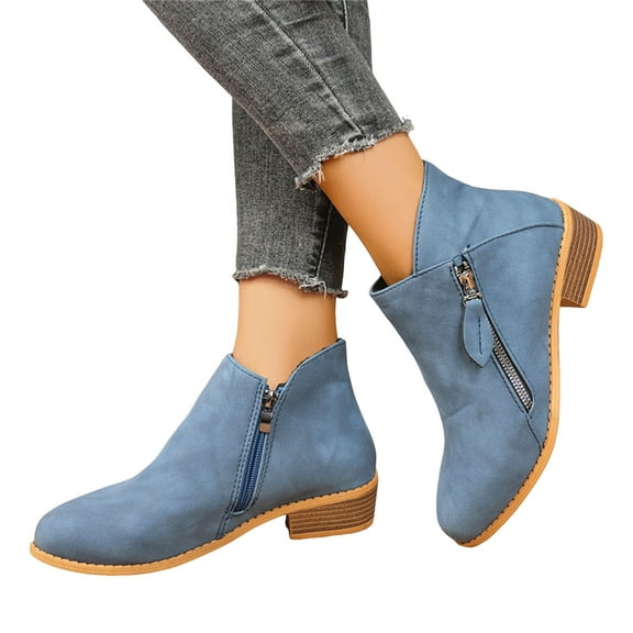 Chelsea Boots Women Trendy Double Side Zipper Stacked Low Heel Pointed Toe PU Leather Fall Ankle Booties