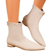 Chelsea Boots Women Trendy Stitching Leather Pointed Toe Low Heel Back Zipper Winter Fall Dress Ankle Booties White Size 6