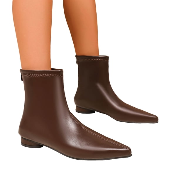 Chelsea Boots Women Trendy Stitching Leather Pointed Toe Low Heel Back Zipper Winter Fall Dress Ankle Booties Wine Size 9