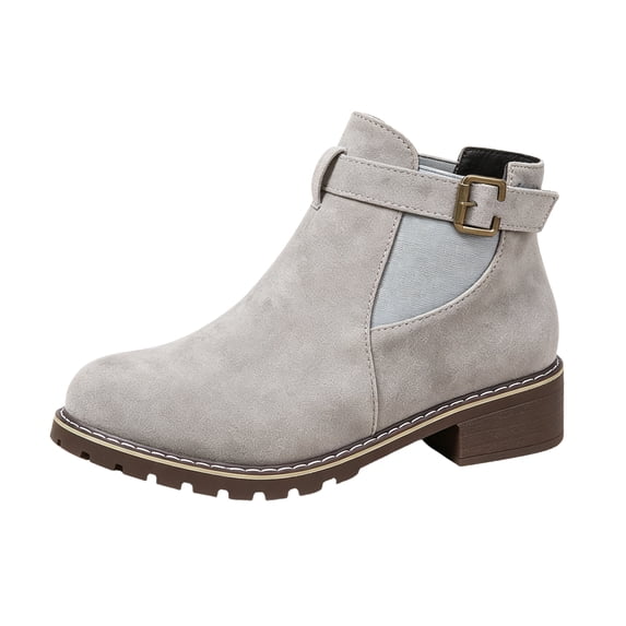 Chelsea Boots for Women Ankle Almond Toe Low Block Heel Buckle Strap Elastic Side Booties 37