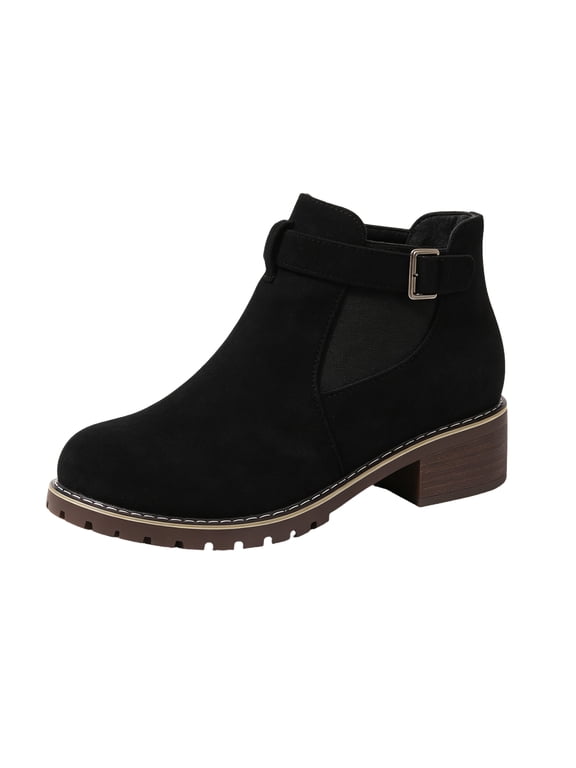 Chelsea Boots for Women Ankle Almond Toe Low Block Heel Buckle Strap Elastic Side Booties 39