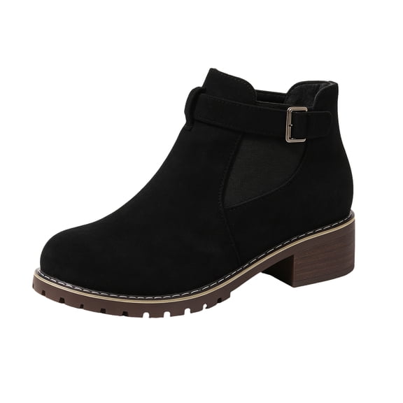 Chelsea Boots for Women Ankle Almond Toe Low Block Heel Buckle Strap Elastic Side Booties 43