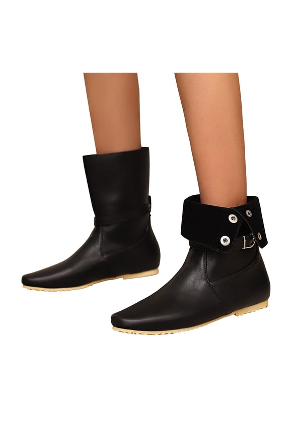 Chelsea Boots for Women Pointed Toe Leather Mid Calf Booties Nonslip Flat Fall Winter Dress Boots with Adjustable Button and Buckle Strap