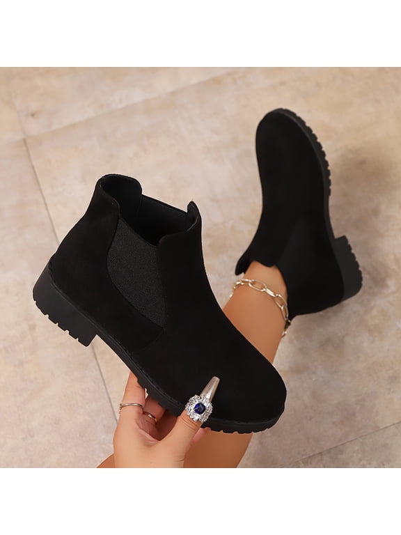 Chelsea Boots for Women Round Toe Mid Chunky Heel Ankle Booties with Elastic Side Gores Fashionable British Style Classic Fall Boots