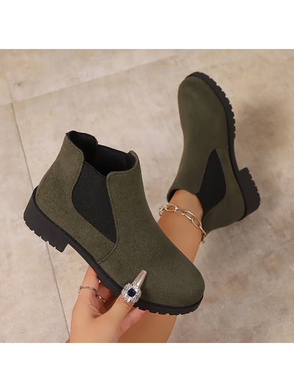 Chelsea Boots for Women Round Toe Mid Chunky Heel Ankle Booties with Elastic Side Gores Fashionable British Style Classic Fall Boots