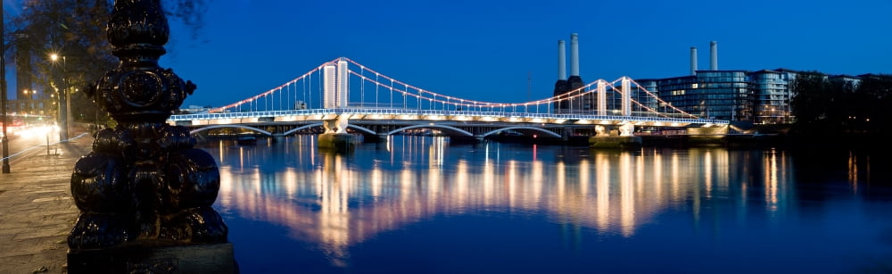 Chelsea Bridge with Battersea Power Station at dusk Thames River London England Canvas Art - Panoramic Images (36 x 12)