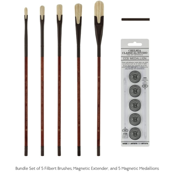 Chelsea Classical Studio Nuovo Long Handle Professional Paint Brush Set of 5 Filbert Paintbrushes, Magnetic Extender, and 5 Magnetic Medallions - Bundle