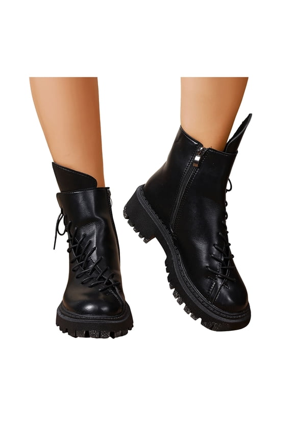 Chelsea Combat Boots for Women Halloween Gothic Punk Leather Side Lace up Zipper Chunky Mid Heel Ankle Booties Black Black Size 6
