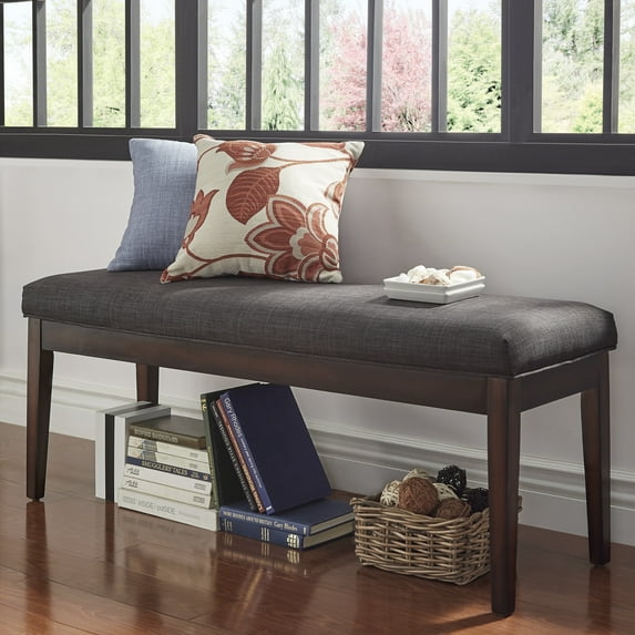 Chelsea Lane Espresso Wood Linen Upholstered Bench, Dark Gray