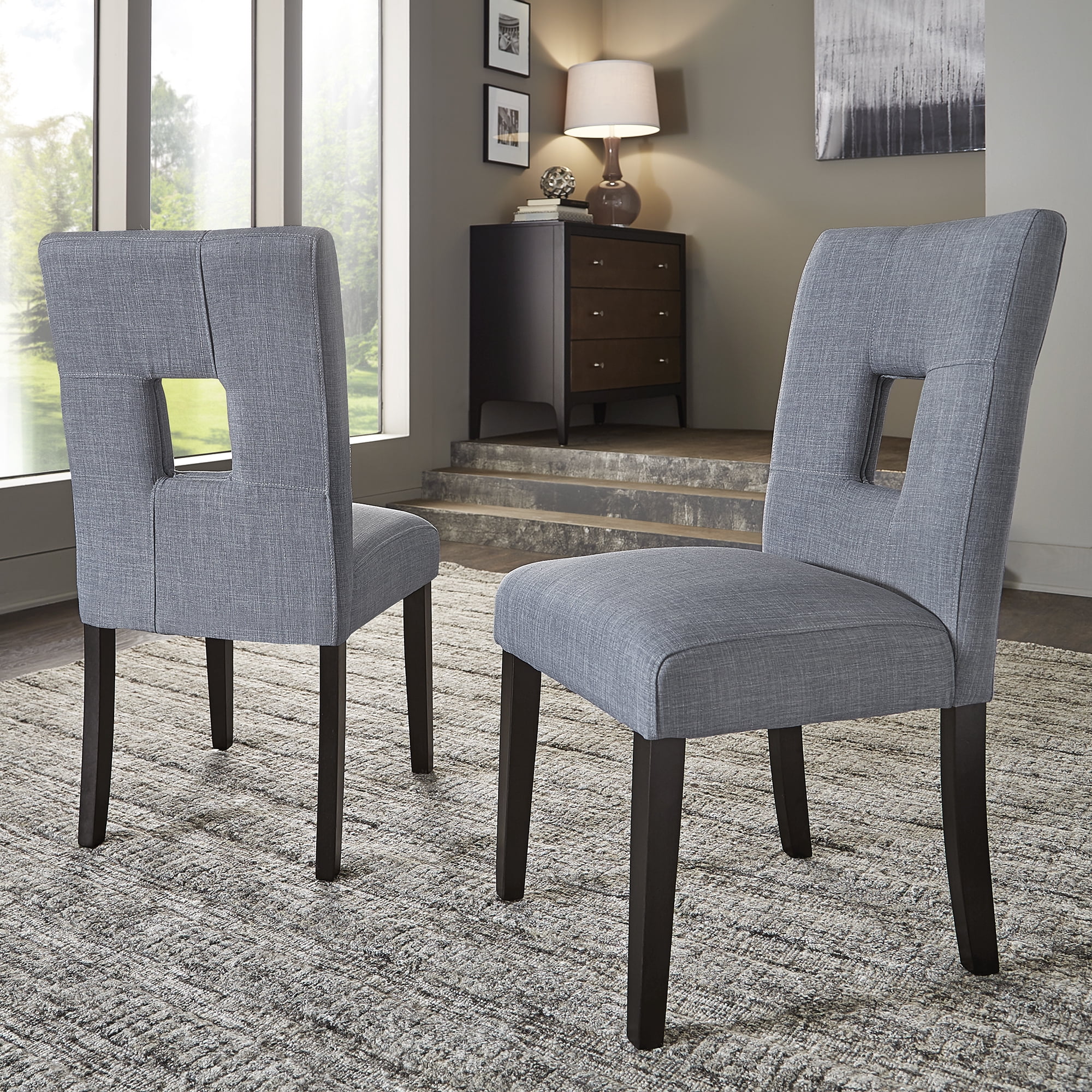 Weston Home Landen Keyhole Linen Dining Side Chair, Blue (Set of 2)