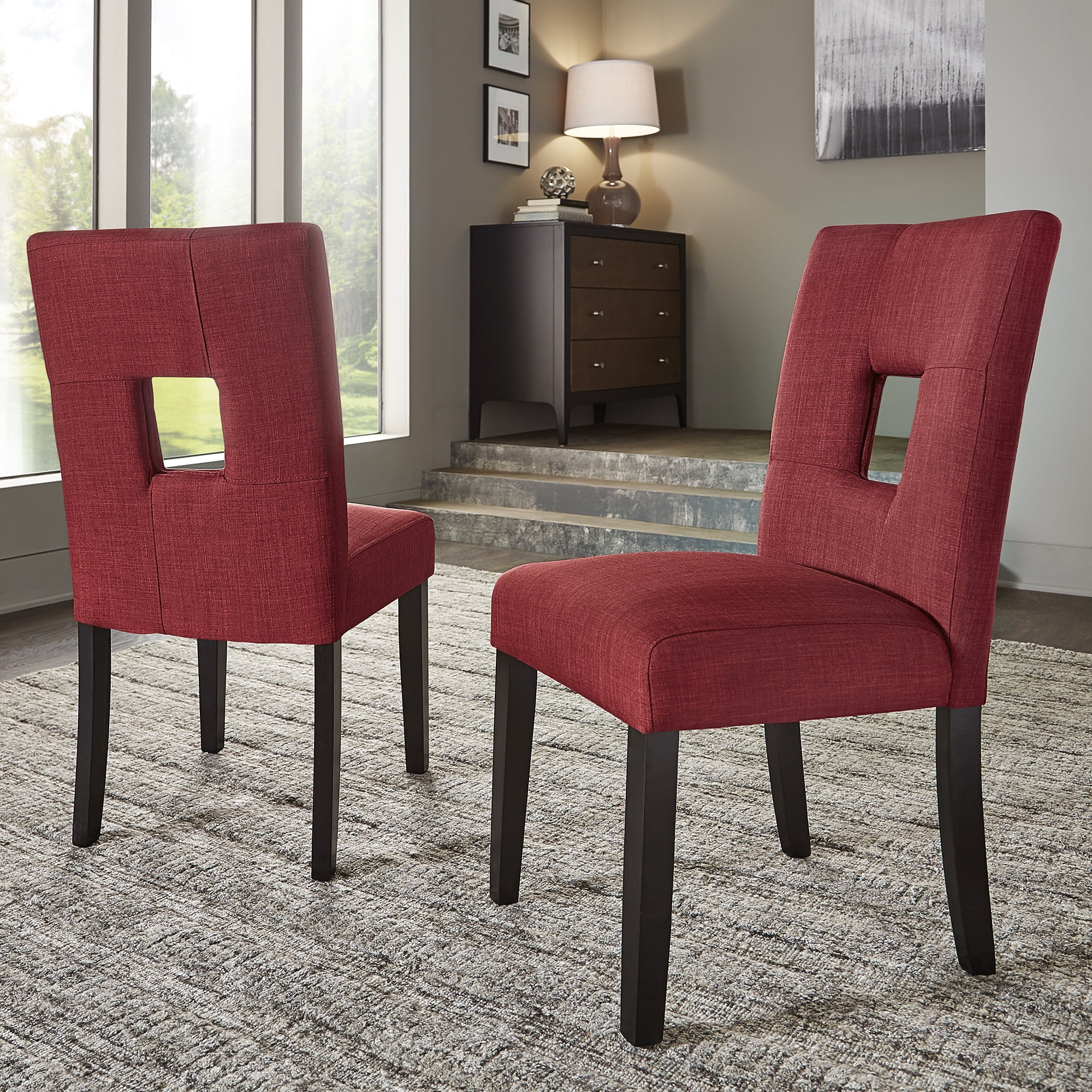 Weston Home Landen Keyhole Linen Dining Side Chair, Red (Set of 2)