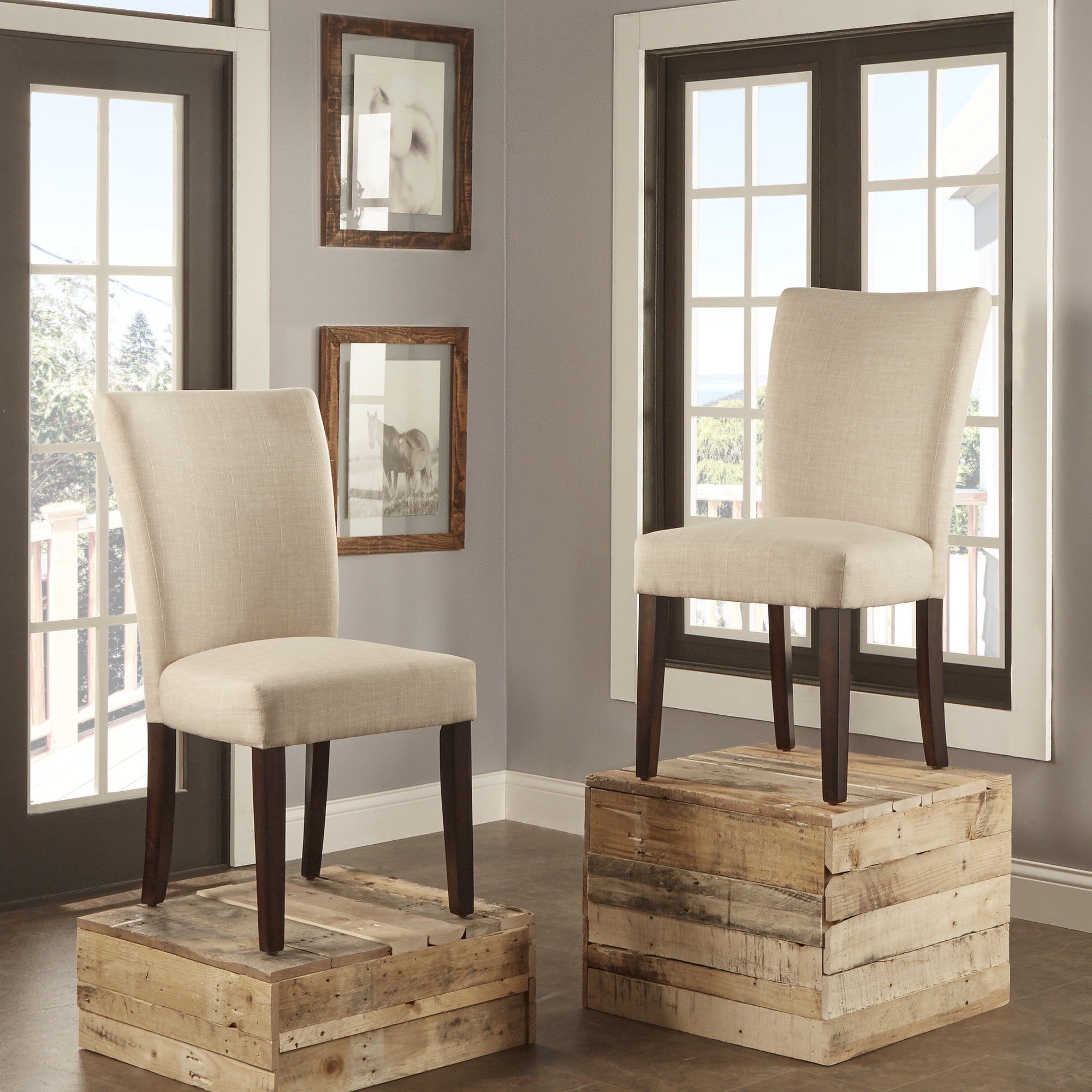 Beige Linen Upholstered Parsons Side Chair with Espresso Wood Legs