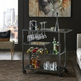 Hzuaneri Rolling Bar Cart with mirror, Metal Serving Cart with Wine Glasses  Hooks, Gold 01401GBC