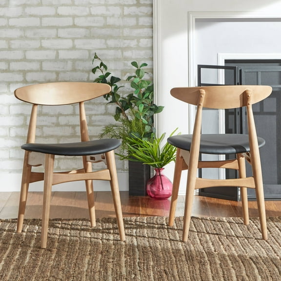Chelsea Lane Mid Century Modern Black Faux Leather Wood Side Chairs, Set of 2, Ash Finish