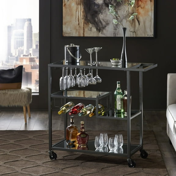 Chelsea Lane Mirror Glass Top Metal Bar Cart, Dark Gray