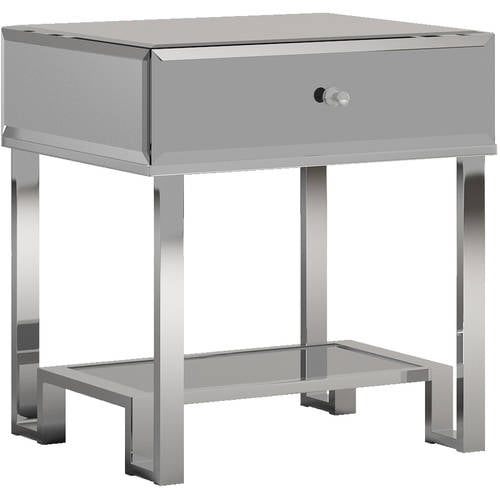 Chelsea Lane Quincy Mirror End Table with Drawer and Shelf, Chrome