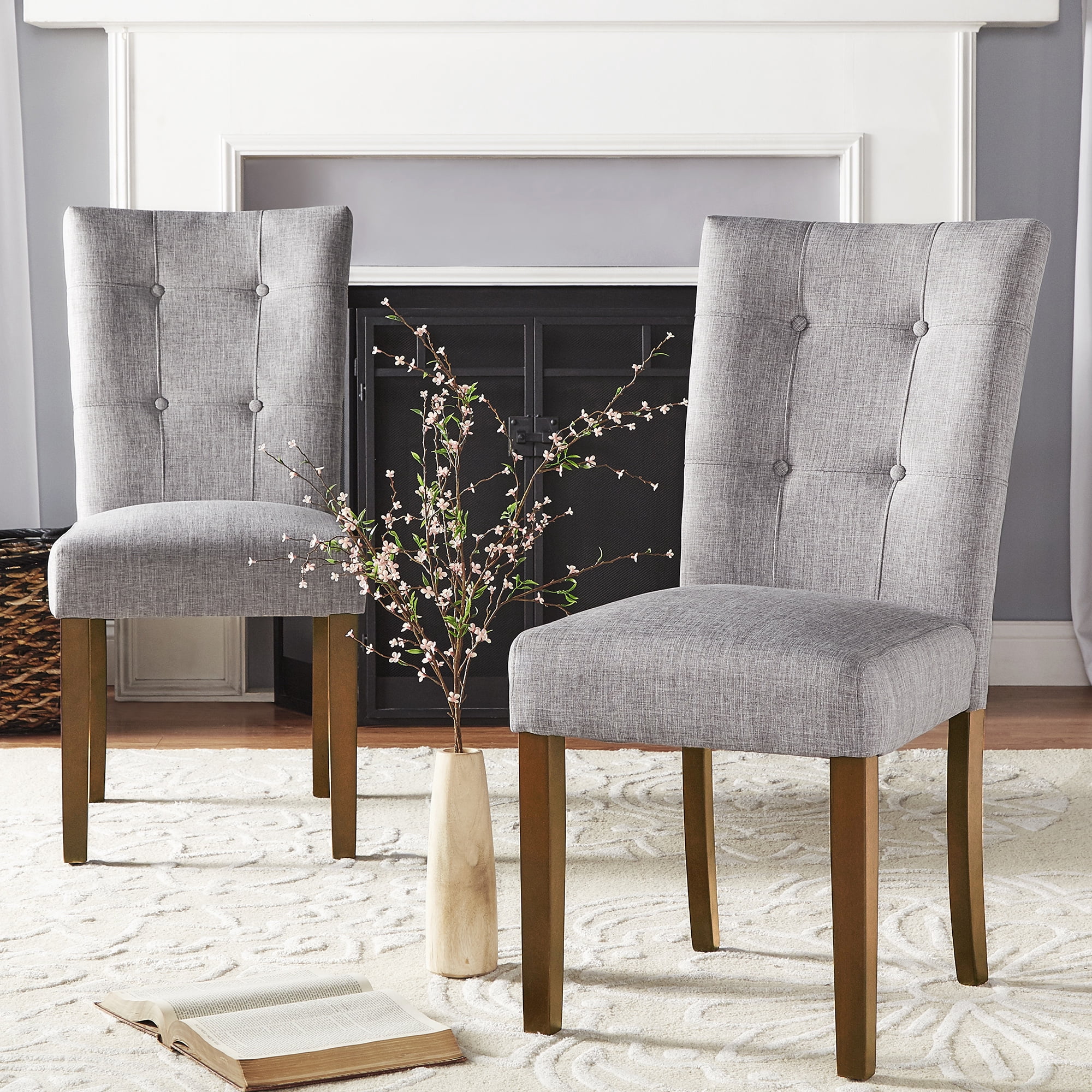 Chelsea Lane Upholstered Cherry Finish Dining Side Chair, Set of 2, Gray