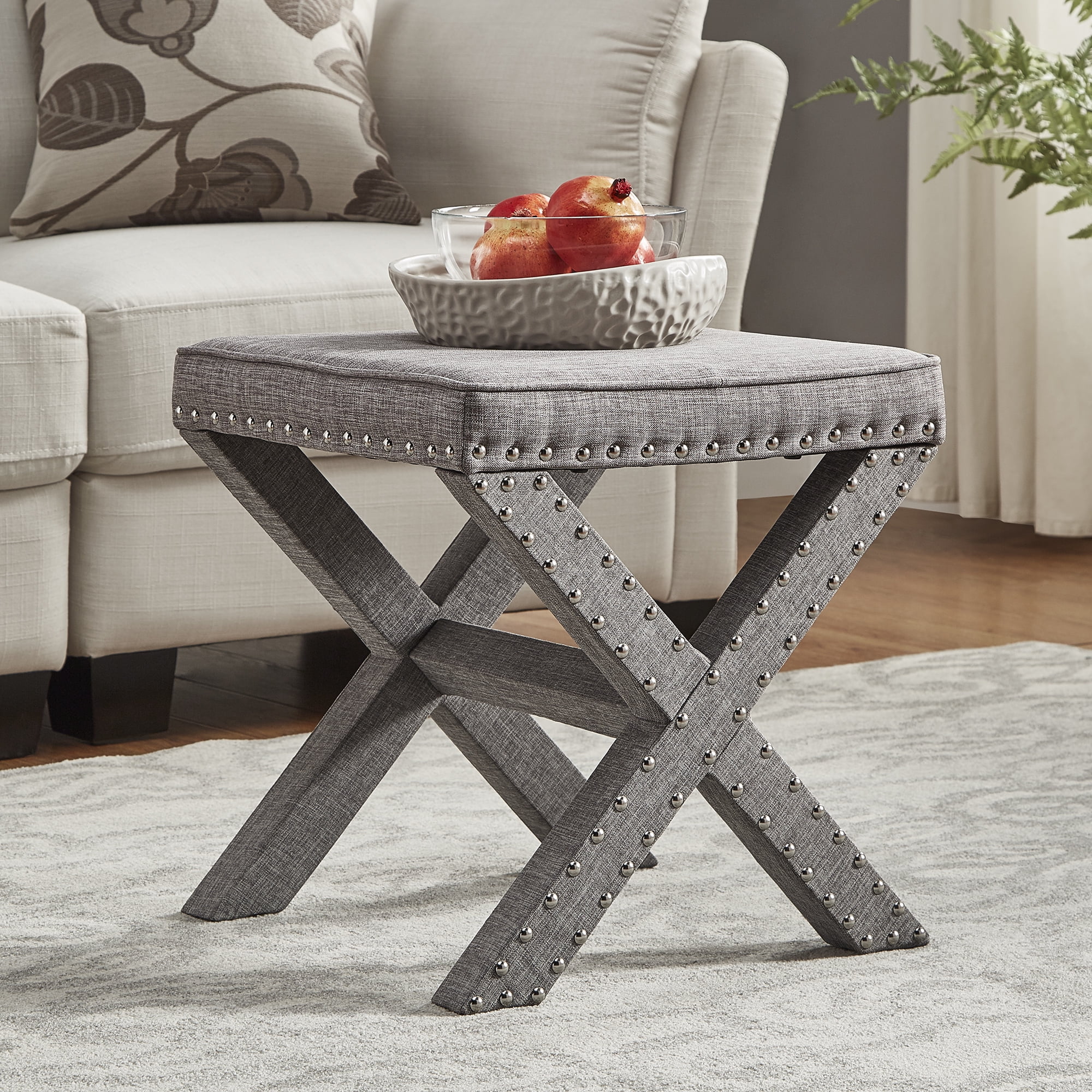 Chelsea Lane Upholstered Ottoman with Nailhead Trim Grey