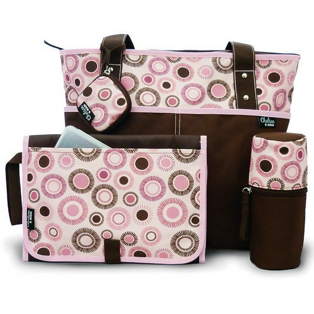 Chelsea & Main - Mommy Essentials 5-Piece Diaper Tote, Brown and Pink Circles