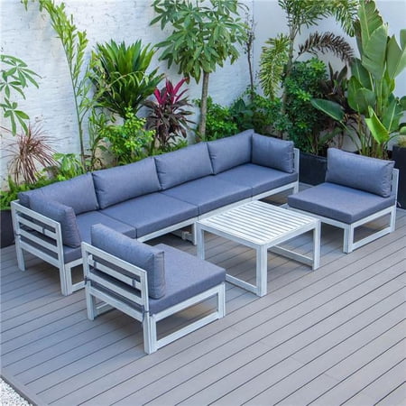 Chelsea Patio Sectional & Coffee Table Set for Weathered Grey Aluminum with Cushions, Blue - 7 Piece