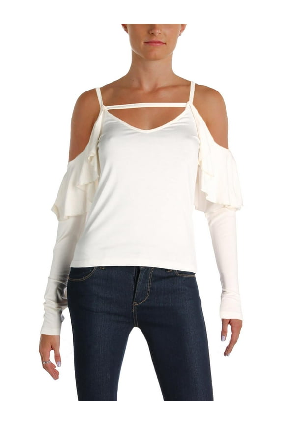 Womens Jersey Ruffled Casual Top Ivory L