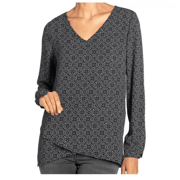 Chelsea & Theodore Women's Long-Sleeve Crossover Woven Top In Black and White Geo Print, L