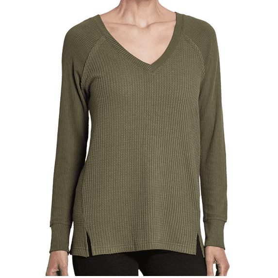 Chelsea & Theodore Women's Long Sleeve V-Neck Waffle Knit Shirt (Light Olive, XL)