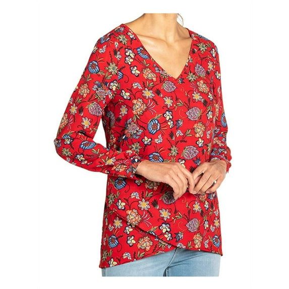 Chelsea & Theodore Womens X-Large L/S Crossover Woven Blouse, Red Floral Print