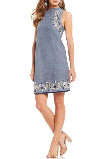 chelsea and violet denim dress Chelsea & Violet Elsie Embroidered Paisley Printed Crew Neckline Sleeveless Denim  Dress