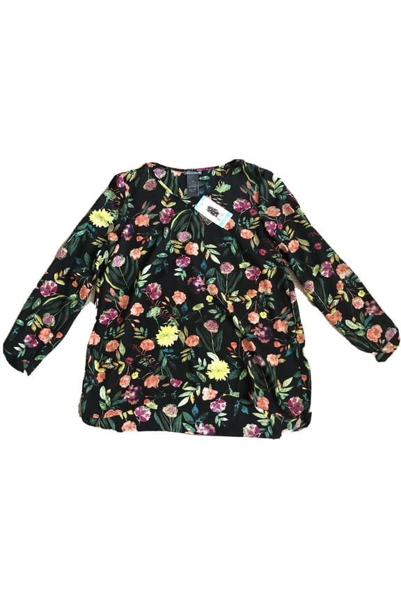 Chelsea and Theodore Long-Sleeve Crossover Woven Top In Black Multi Painterly Floral, L
