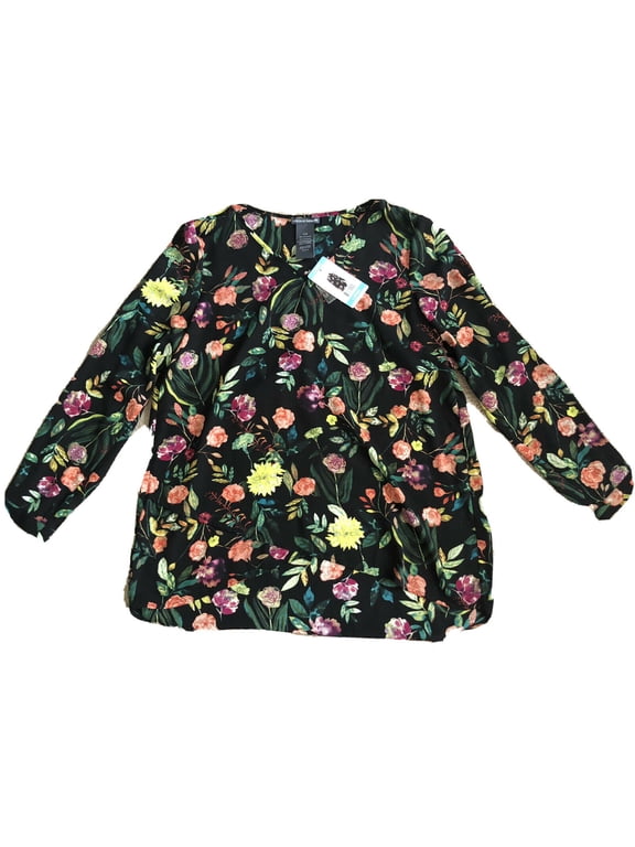 Chelsea and Theodore Long-Sleeve Crossover Woven Top In Black Multi Painterly Floral, XL