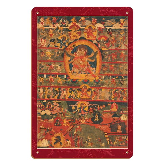 Chemchog Heruka with Consort - Buddhist Tantric Deity - Vintage Tibetan Thangka Buddhist Painting - Tibet, 19th Century - 8 x 12 inch Vintage Wood Art Sign
