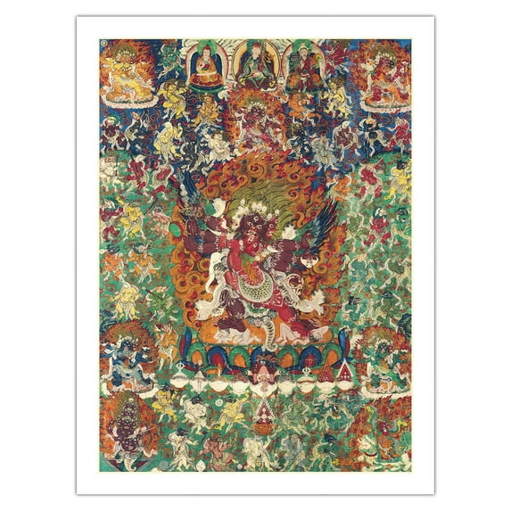 Chemchok Heruka with Consort - Tantric Buddhist Deity - Vintage Tibetan Thangka Buddhist Painting - Tibet, 13th Century - Fine Art Matte Paper Print (Unframed) 24x32in