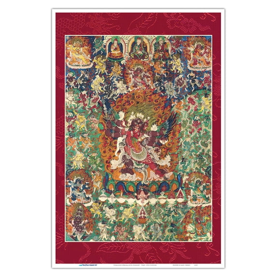 Chemchok Heruka with Consort - Tantric Buddhist Deity - Vintage Tibetan Thangka Buddhist Painting - Tibet, 13th Century - Master Art Print (Unframed) 12in x 18in