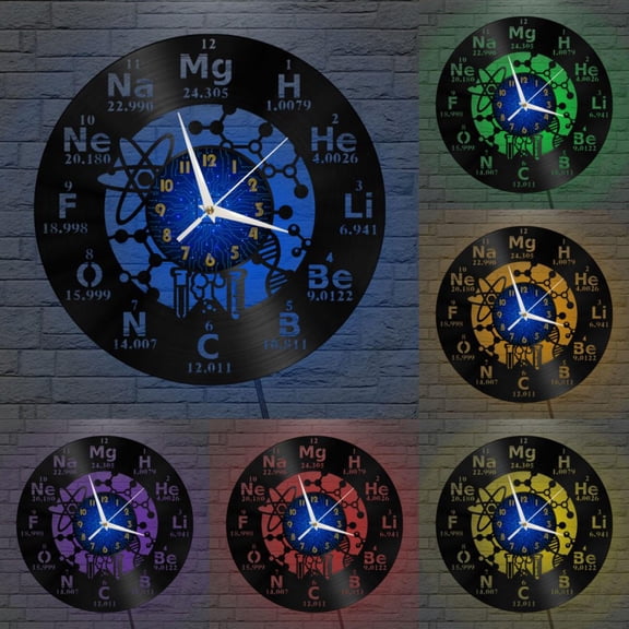 Chemical Element Symbols 3 12 Inch Vinyl Record Wall Clock - Silent, Creative, and Unique Clock for Living Room, Entryway, or Bedroom Decor - Perfect Gift Idea(12 inchs B with LED)