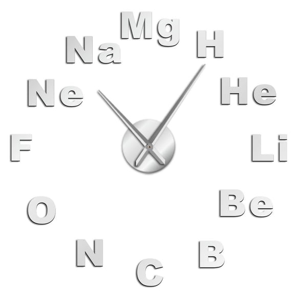 Chemical Element Symbols Frameless Wall Clock Stickers, DIY Modern Decorative Clocks for Living Room, Bedroom, Office - Easy to Install, Large 3D Clock Design (Silver,27in)