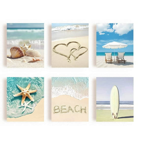 Chemical Fiber Oil Canvas Hanging Painting Home Wall Decoration Rectangle Sandbeach 250x200mm 6 style 1pc/style 6pcs/set